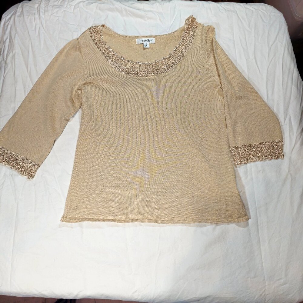 Coldwater Creek Crocheted Trimmed Beige Knit Shirt 3/4 Length Sleeve Size M